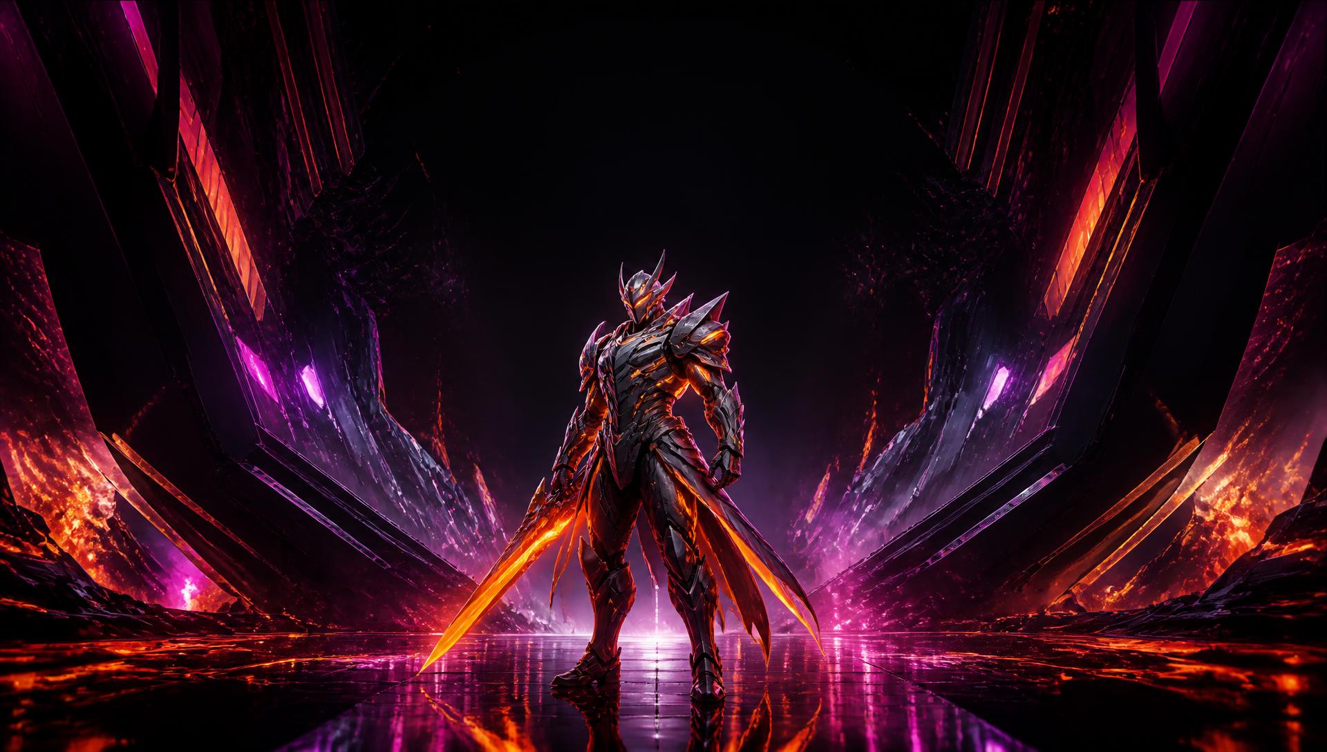 Original armored character in a neon competitive arena