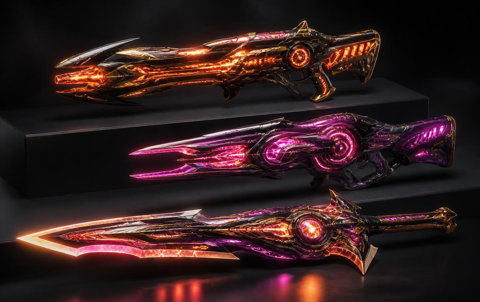 Three coordinated sci-fi weapon finishes